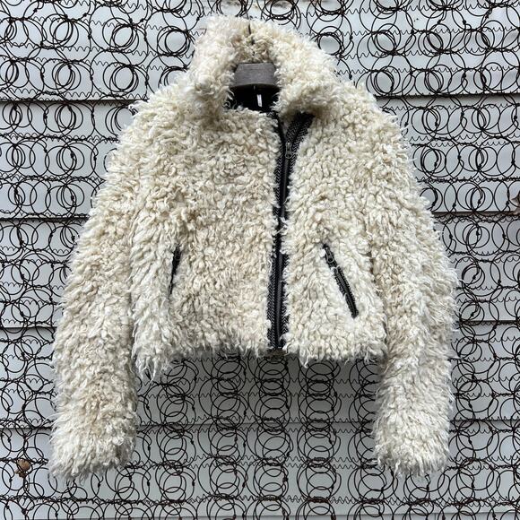 Free People Shaggy Faux Sherpa Shaggy Wool Moto Jacket in Ivory SMALL - Picture 1 of 9